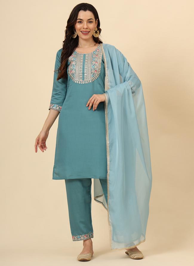 Silk Blend Sky Blue Casual Wear Embroidery Work Readymade Straight Suit